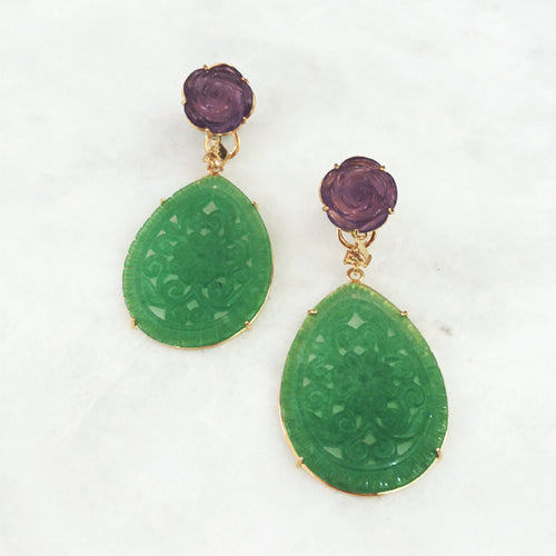 Carved Flower Amethyst Stud with Citrine & Carved Green Jade Twinset Earrings