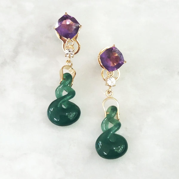 Amethyst Stud with White Topaz & 888 Green Agate Twinset Earrings