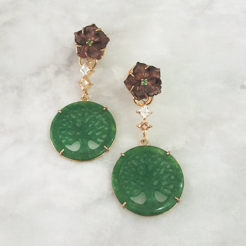 Carved Flower Amethyst & Peridot Stud with White Topaz, Citrine & Carved Green Jade Twinset Earrings