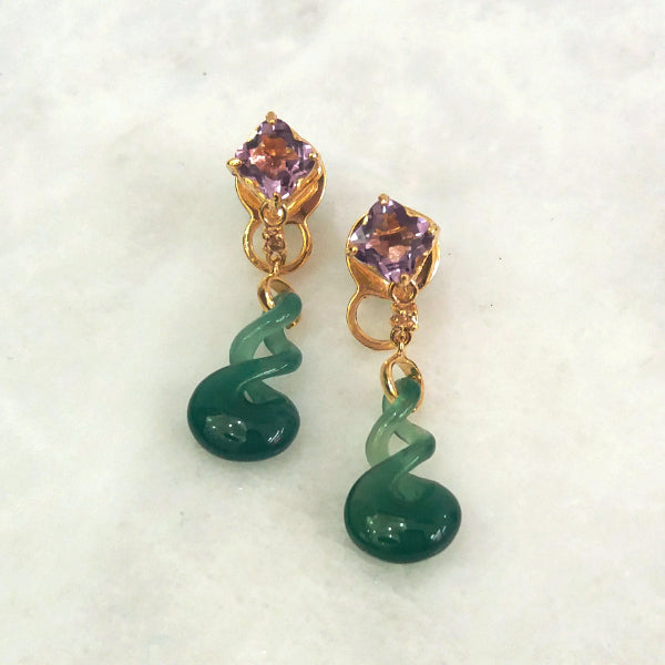 Amethyst Clover Stud with Citrine & 888 Green Agate Twinset Earrings