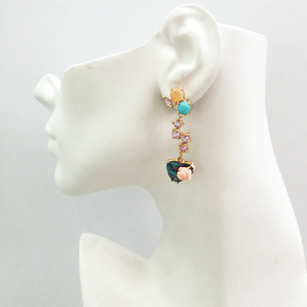 Amethyst, Carnelian & Amazonite Stud with Amethyst Pearl & Carved Coral Twinset Earrings