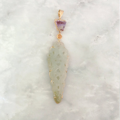 Amethyst, Carnelian & Carved Jade Pendant