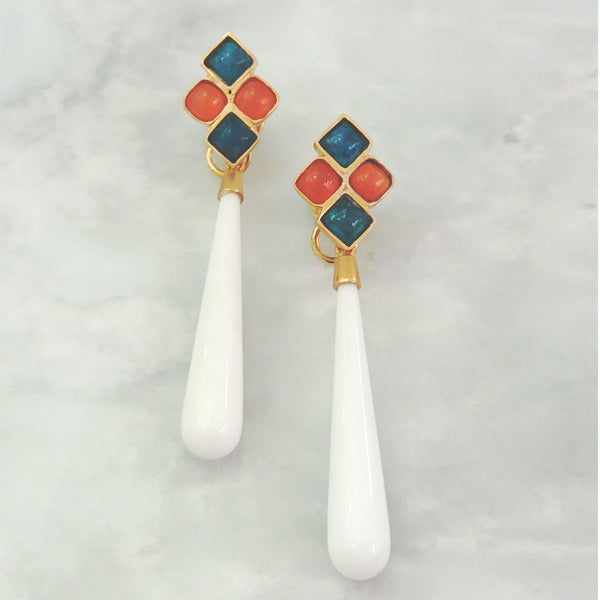 Apatite & Carnelian Stud with Long White Agate Twinset Earrings
