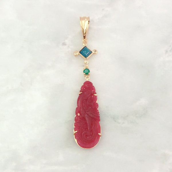 Apatite, Citrine, Green Agate & Carved Red Jade Pendant