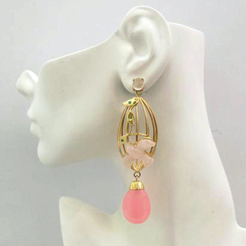 Aviary Twinset Earrings with Moonstones, Carved Rose Quartz Swallow, Green Agates & Pink Quartz Drop Twinset Earrings