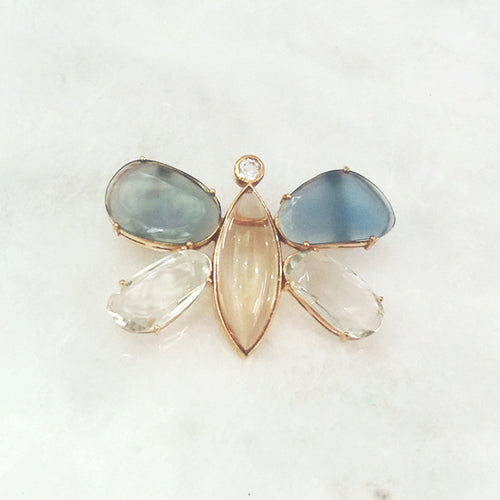 Blue Agate, Green Amethyst, White Zircon & Ctrine Butterfly Brooch Pin