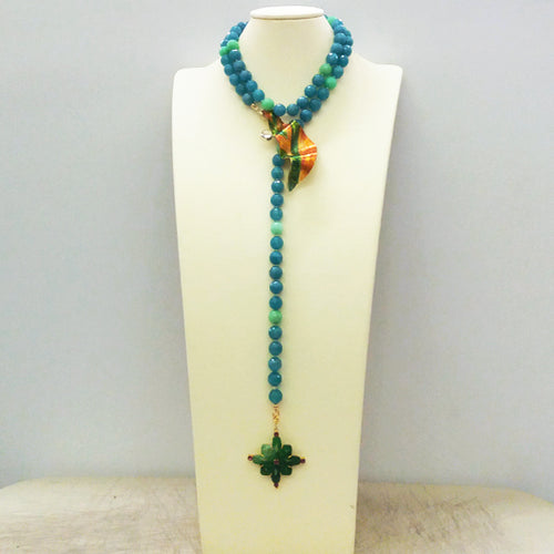 Blue Jade and Green Jade Lariat Style Necklace with Hand Painted Leaf Brooch Pin wiht Green Jade and Rhodolite Garnett Pendant