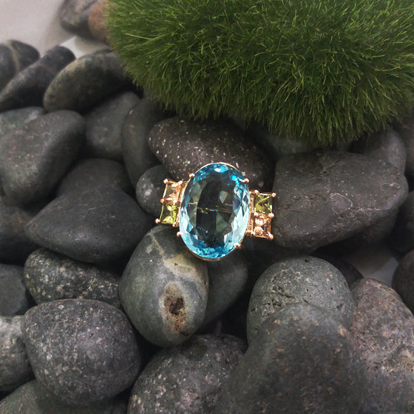 Blue Topaz Oval with Peridot & Citrine Cocktail Ring
