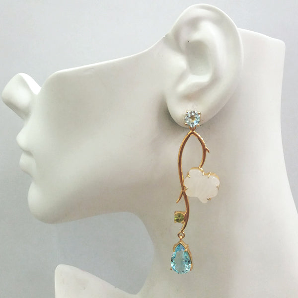 Blue Topaz Stud with Carved Butterfly White Agate, Peridot & Blue Topaz Twinset Earrings