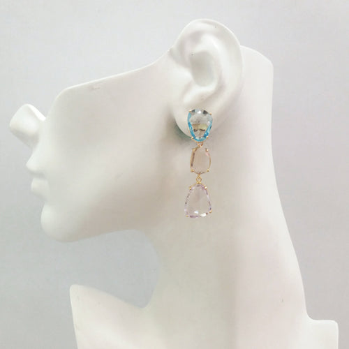 Blue Topaz Stud with Citrine & Pink Amethyst Twinset Earrings