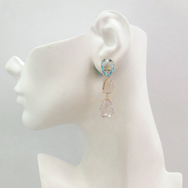 Blue Topaz Stud with Citrine & Pink Amethyst Twinset Earrings