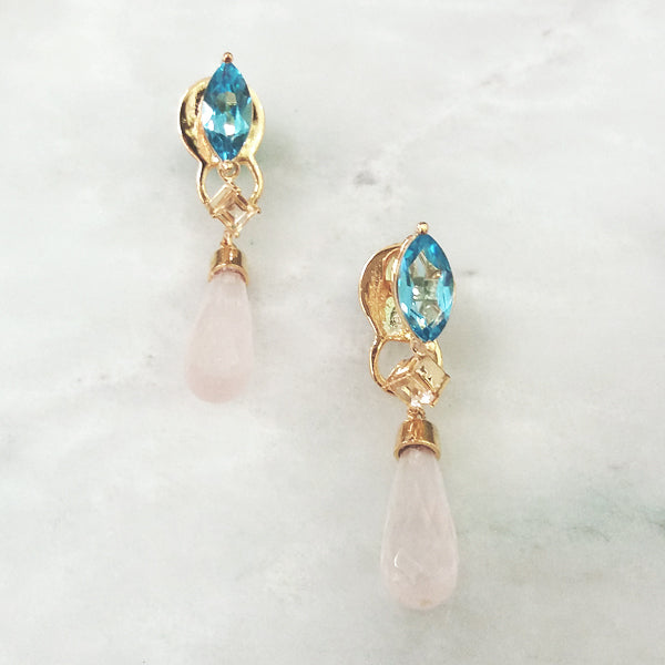 Marquis Blue Topaz Studs with Citrine and Rose Quartz Dangle Twinset Earrings