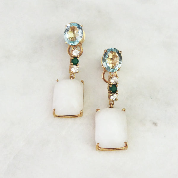 Blue Topaz Studs with White Topaz, Green Agate & White Agate dangle Twinset Earrings