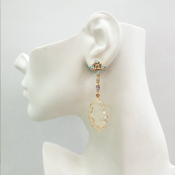 Blue Topaz & Citrine Stud with Amethyst & Carved White Jade Twinset Earrings