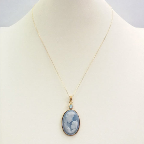 Blue Topaz with Blue and White Agate Mother and Child Cameo Necklace