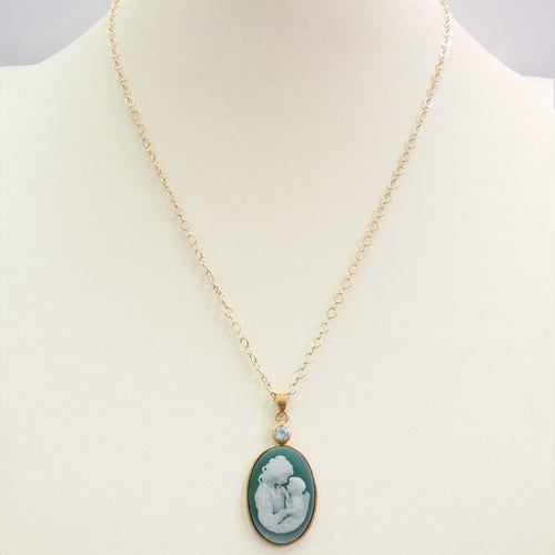 Blue Topaz with Green and White Agate Mother and Child Cameo Necklace