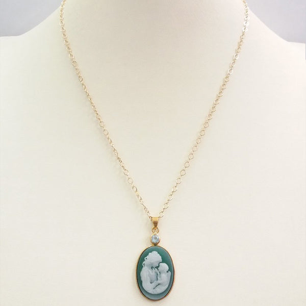 Blue Topaz with Green and White Agate Mother and Child Cameo Necklace