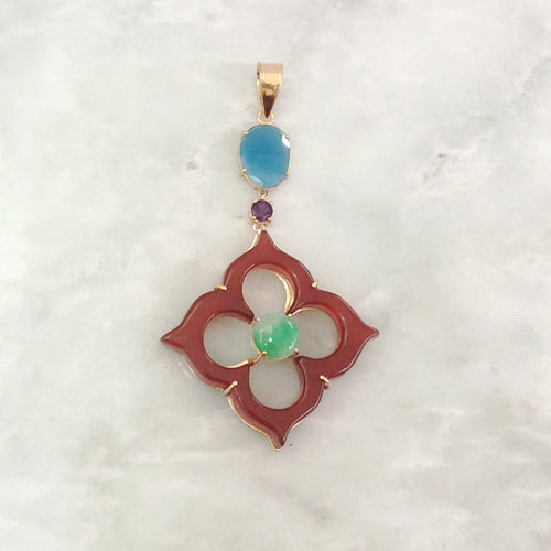 Blue Agate, Amethyst, Green Jade & Carnelian Pendant