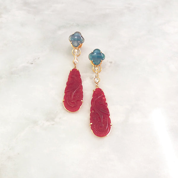 Blue Agate Stud with White Zircon & Carved Red Jade Twinset Earrings