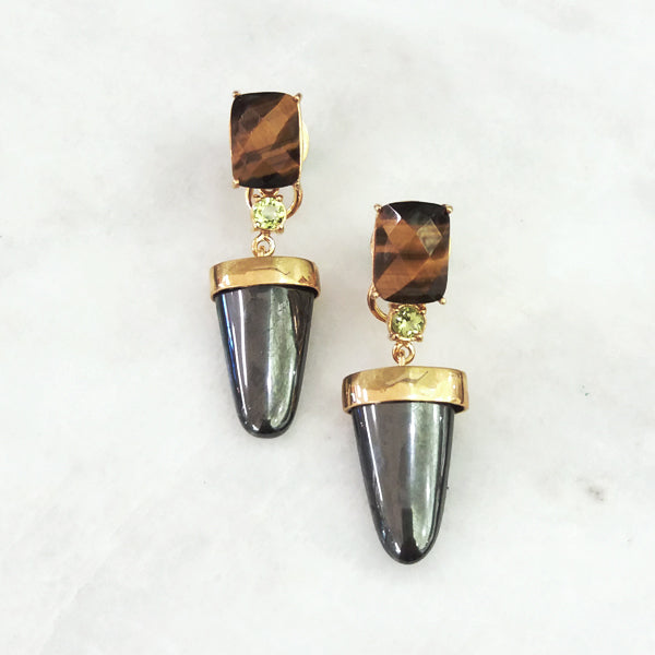 Tigers Eye Studs with Peridot and Hematite Twinset Earrings