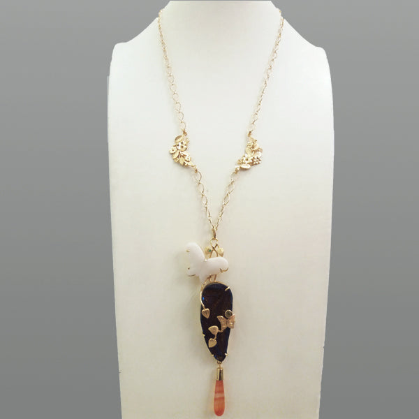 Carved Butterfly Agate with Agate Druzzy Geode, Peridot & Carnelian Drops Terrafirma Pendant