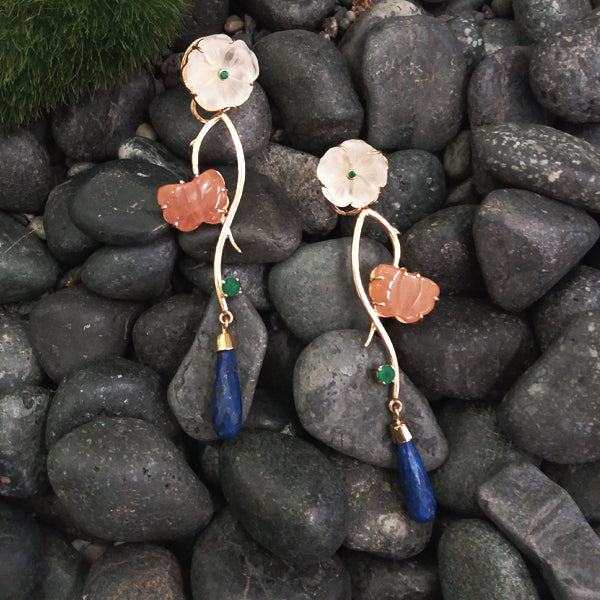 Carved Flower Frosted Quartz & Green Agate Stud with Carnelian, Green Agate & Lapiz Lazuli Twinset Earrings