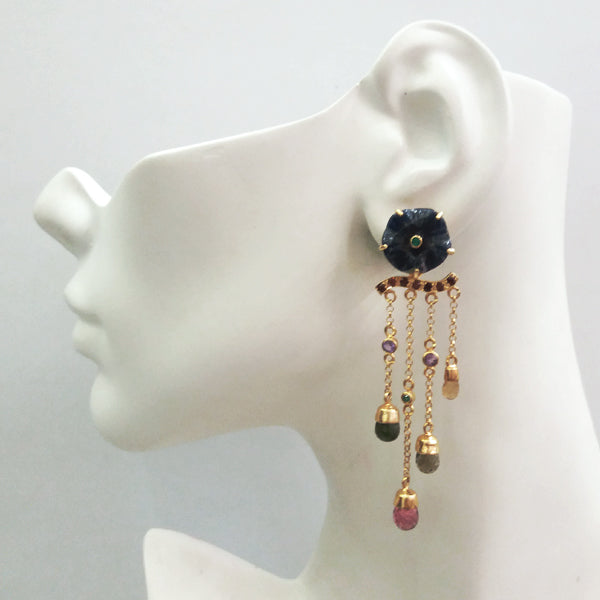 Carved Lapiz Lazuli with Green Agate stud with Amethyst, Vesonite, Ruby & Citrine Twinset Earrings