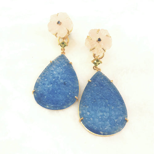 Carved Rose Quartz & Blue Sapphire Stud with Peridot & Carved Blue Jade Twinset Earrings