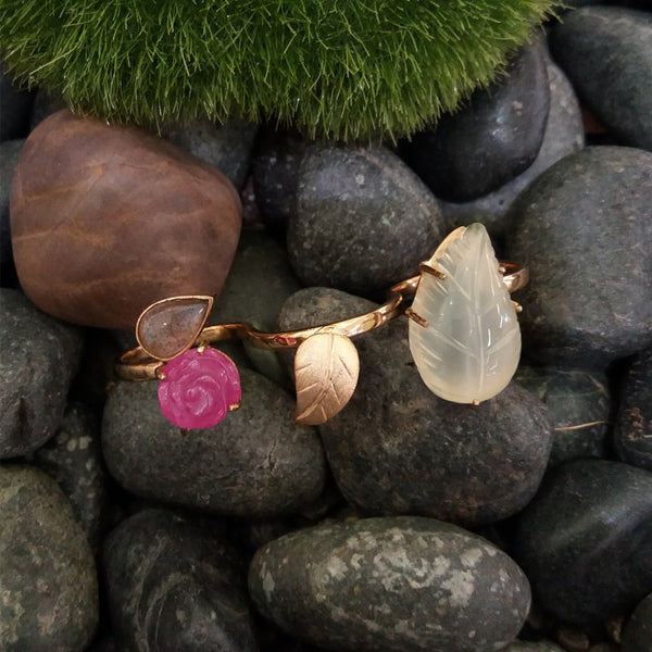 Carved Ruby Rose with Labradorite Carved Leaf & Carved Leaf Jade Statement Ring