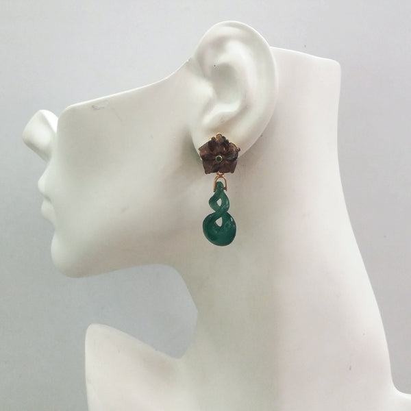 Carved Wine Quartz with Green Agate Stud with 888 Green Agate Twinset Earrings