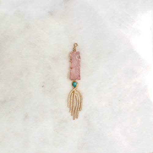 Carved Rose Quartz with Amazonite and Cubic Zirconia Stone Pendant