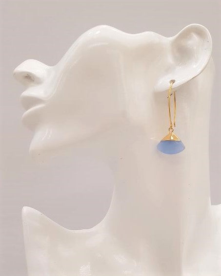 Blue Chalcedony Fan Single Gem Drop V-hook Earrings
