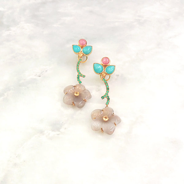 Cherry Quartz, Amazonite & Citrine Stud with Green Agate, Carved Flower with Citrine Twinset Earrings