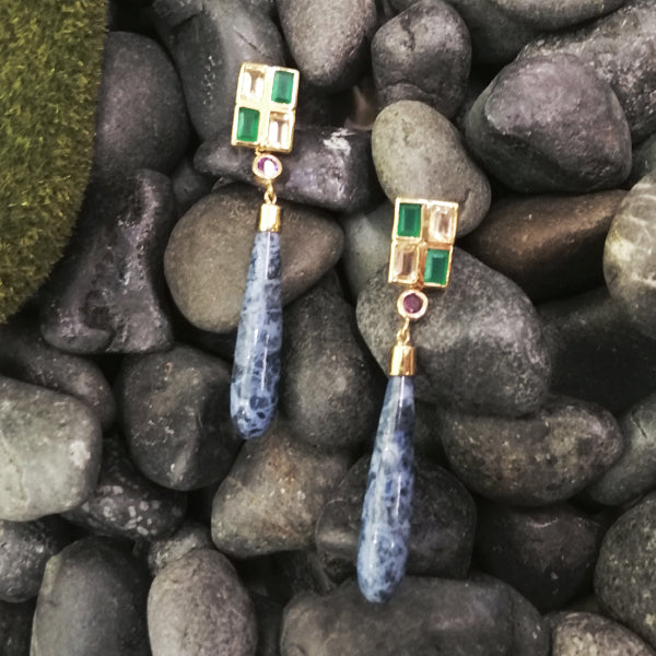 Citrine & Green Agate Studs with Rhodolite Garnet & Dumerterite dangle Twinset Earrings