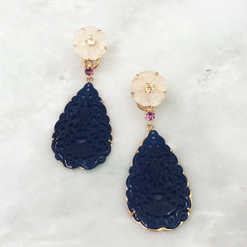 Citrine on Carved Flower White Quartz Studs with Rhodolite Garnet with Carved Blue Jade Twinset Earrings