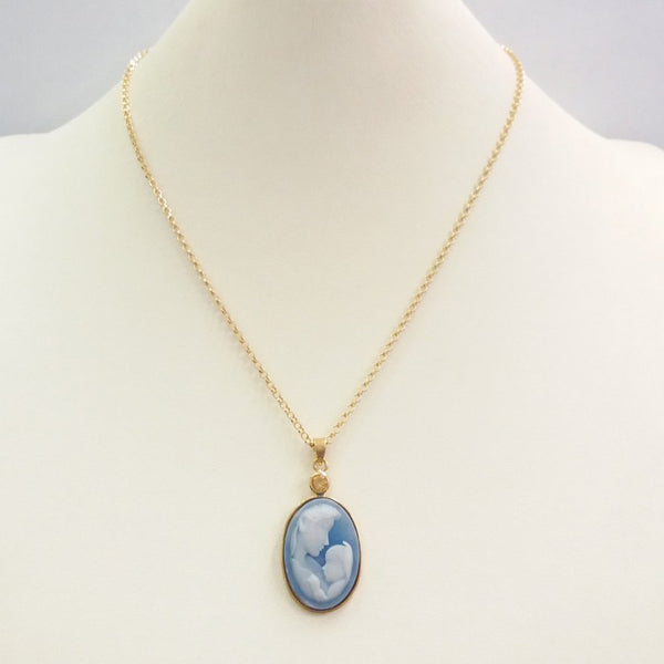 Citrine with Blue and White Agate Mother and Child Cameo Necklace