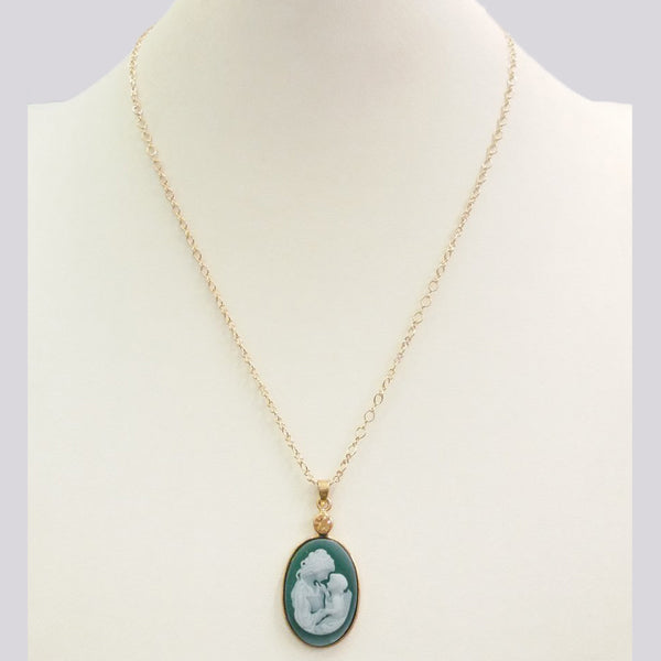 Citrine with Green and White Agate Mother and Child Cameo Necklace