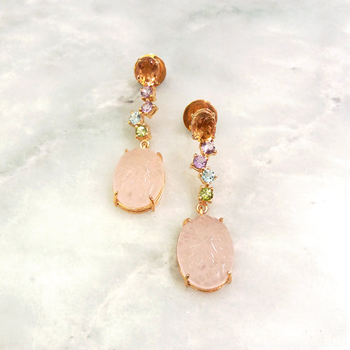 Citrine Stud with Amethyst, Blue Topaz, Peridot and Carved Rose Quartz Twinset Earrings