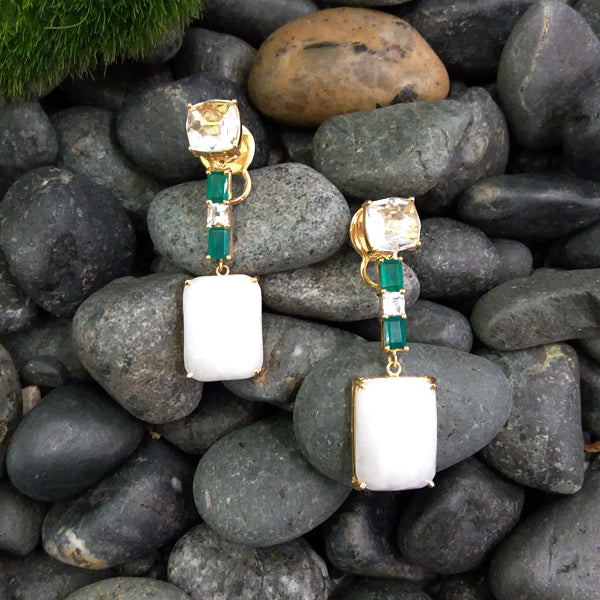 Clear Quartz stud with Green Agate, Citrine, Green Agate & White Jade Twinset Earrings