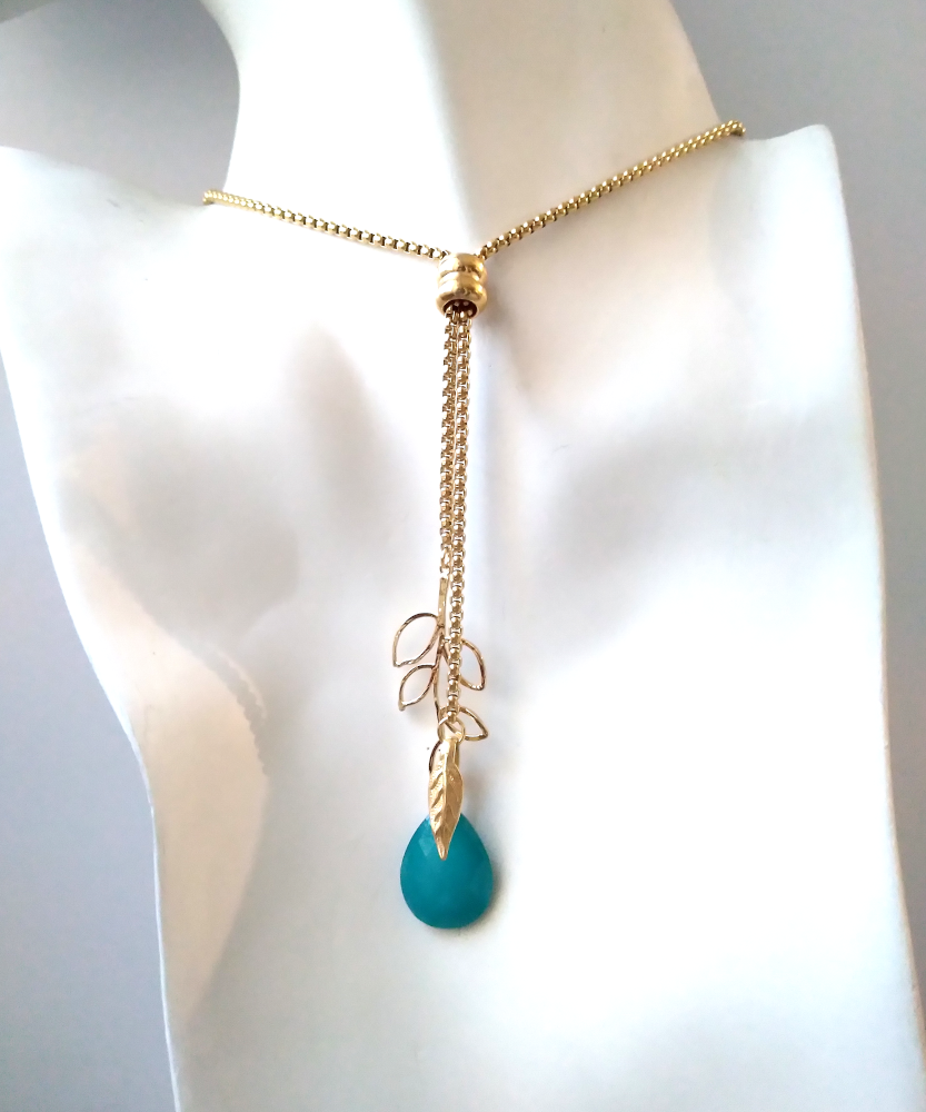 Cutout Leaf with Blue Jade Slider Necklace