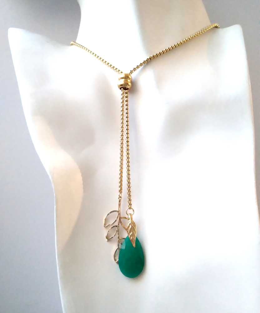 Cutout Leaf with Green Jade Slider Necklace