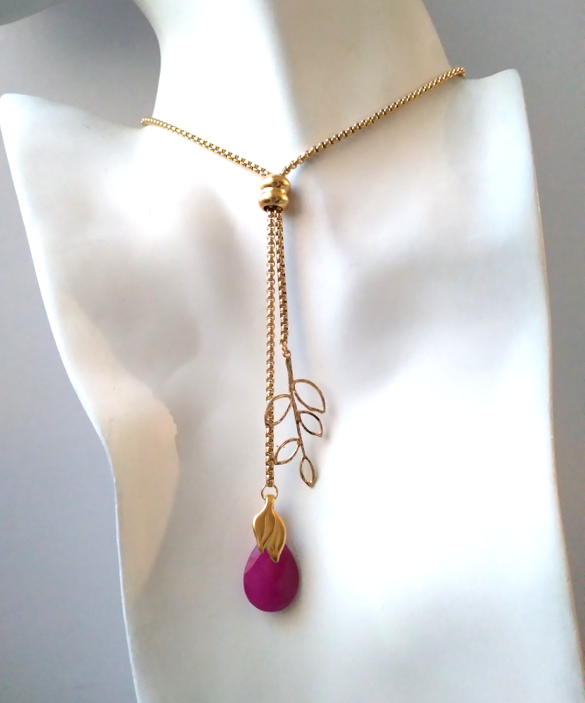 Cutout Leaf with Pink Jade Slider Necklace