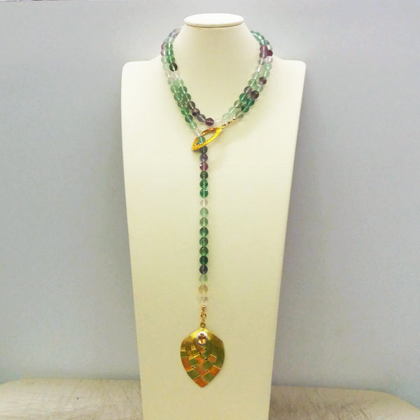 Flourite, Rock Crystals Lariat Style Necklace with Hand Painted Buri and Citrine Stone