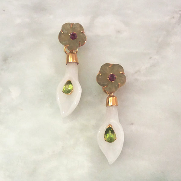 Flower Carved Jade & Rhodolite Garnet Stud with White Jade & Peridot Twinset Earrings