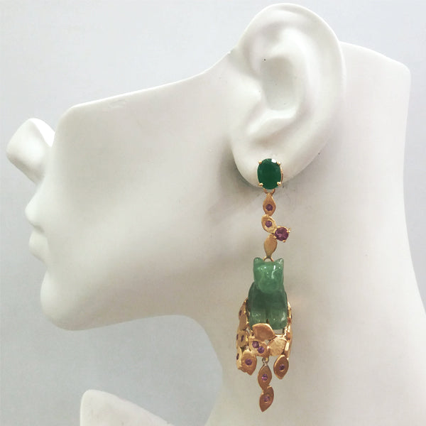 Foliage Earrings with Green Agate Stud with Rhodolite Garnet & Carved Tiger Green Jade Twinset Earrings