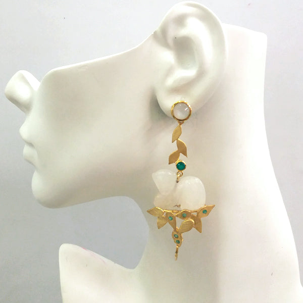 'Foliage' Twinset Earrings with Moonstone, Green Agate & Carved White Agate Monkey Twinset Earrings