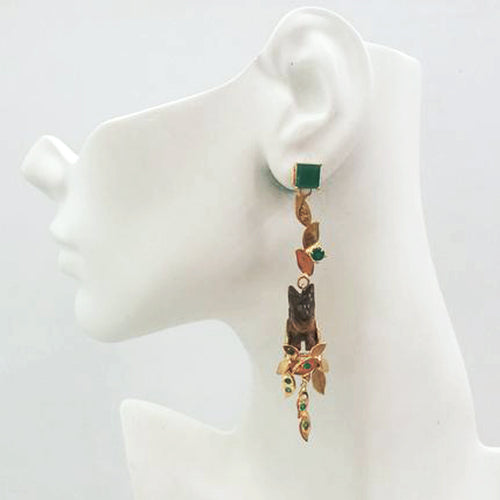 Foliage Twinset Earrings with Green Agates & Tiger's Eye carved Rabbit