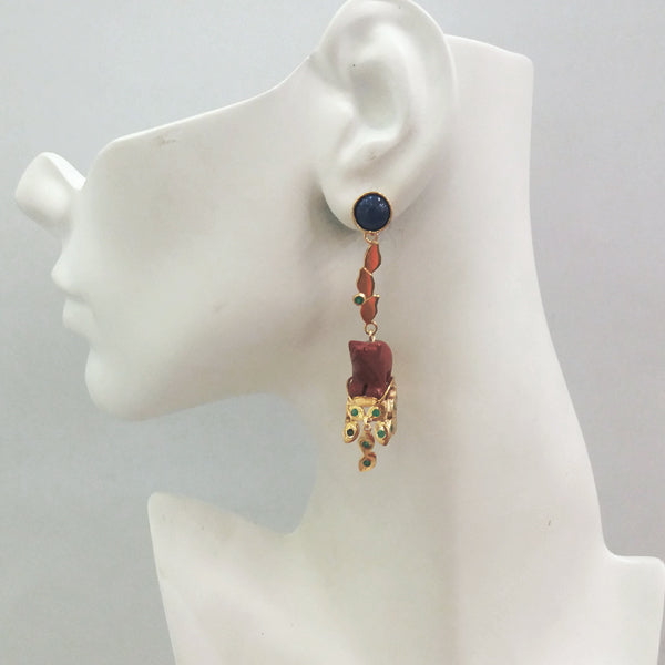 'Foliage' Twinset Earrings with Lapiz Lazuli & Carved Bear Jasper Twinset Earrings