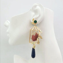 Gazebo Twinset Earrings with Green Agate, Red Jasper Carved Chickens & Blue Jade Drops