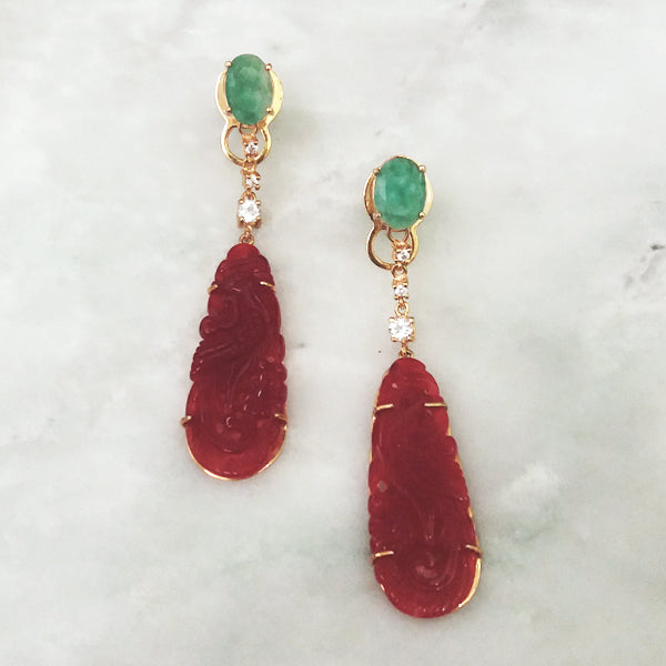 Green Agate Stud with White Zircon & Carved Red Jade Twinset Earrings